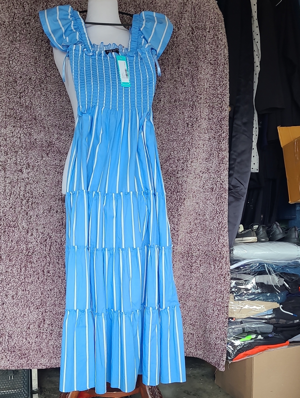 Blue Striped Smocked Maxi Dress with Ruffle Straps